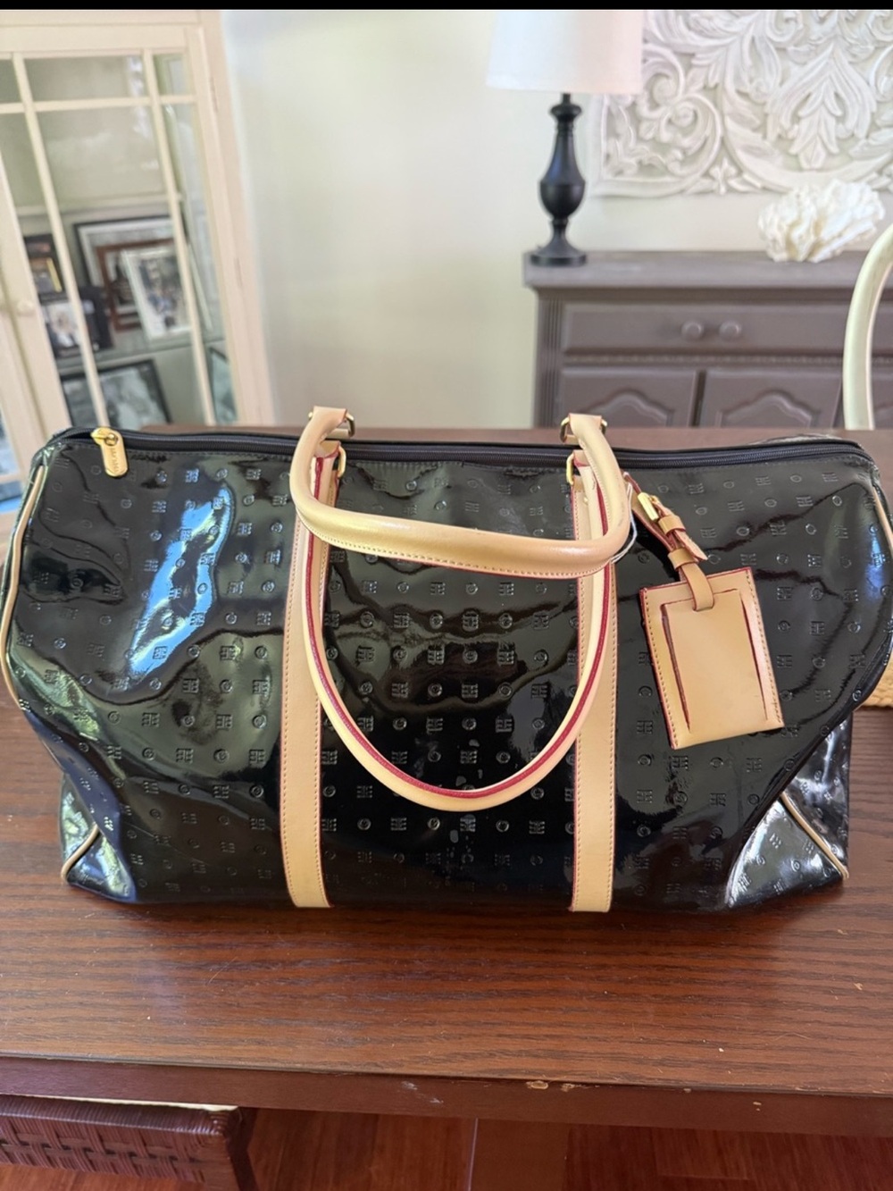Arcadia Black Patent Weekend Travel Bag with Tan Handles Excellent Condition